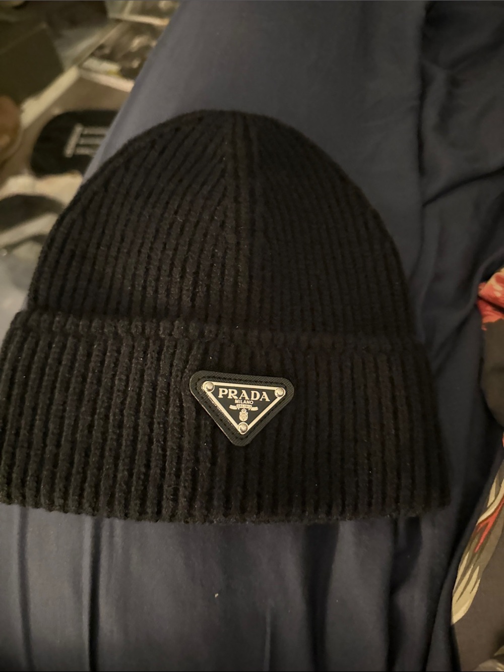 Prada Black Ribbed Logo Knit Beanie